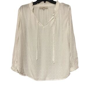 LOFT Pattern White Tie Front Long Sleeve Blouse - Size S